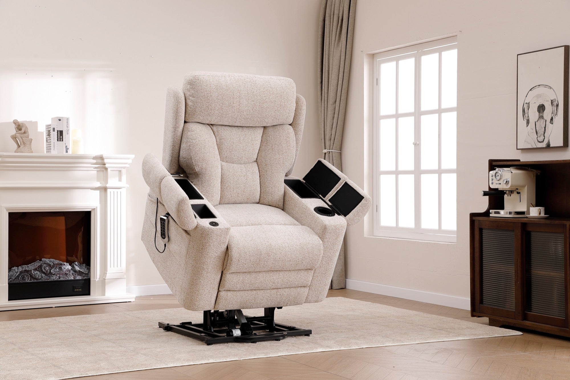Dynox X5 power recliner in a modern living room with armrest console open showing integrated cup holder and tablet accessories