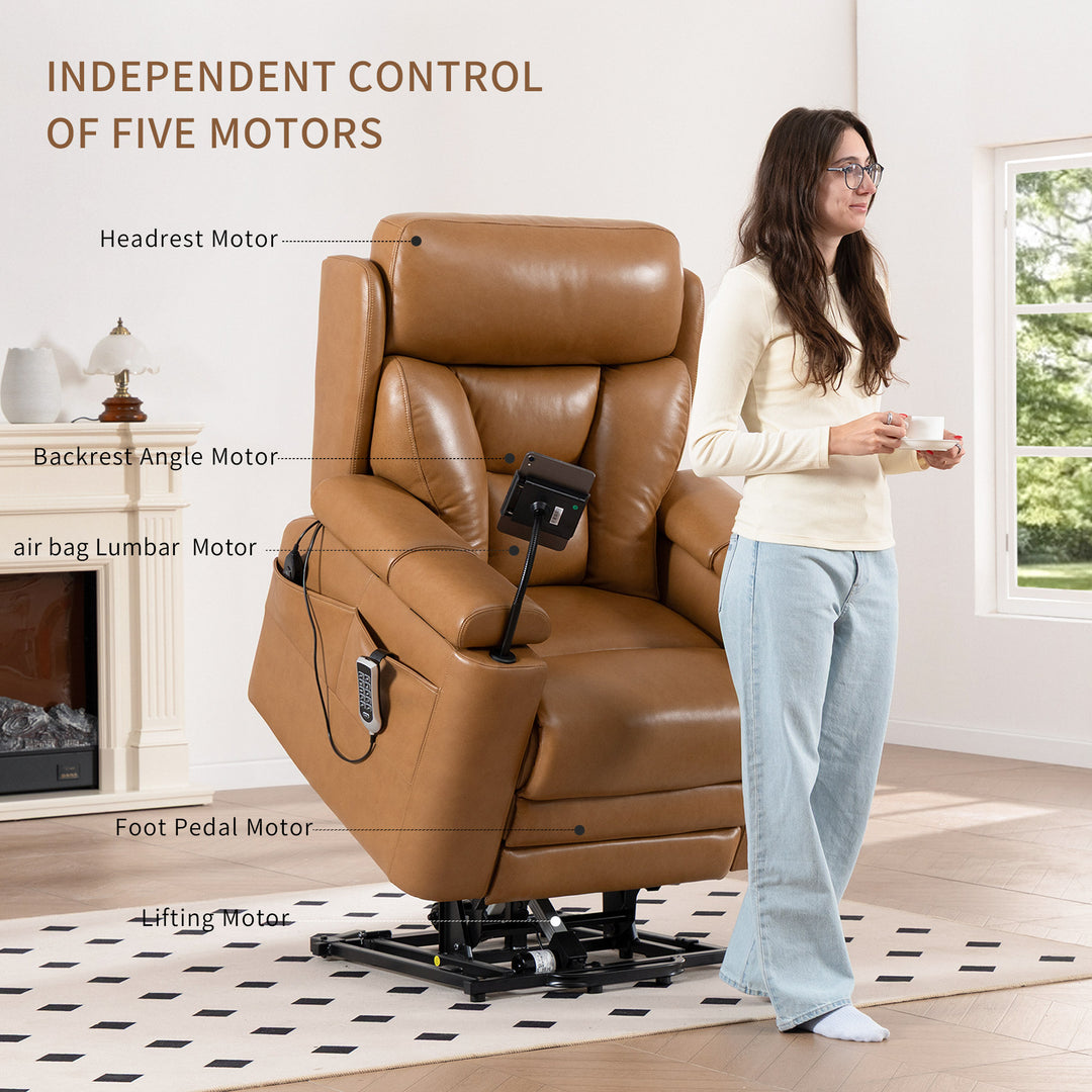 Dynox X5 lift recliner in Cognac leather with callouts for its five independent motors — headrest, backrest, air-lumbar, footrest, and lift