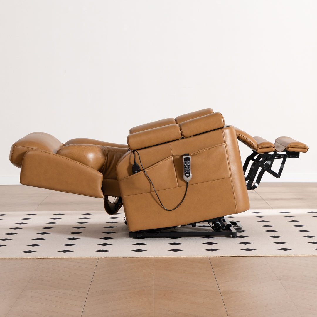 Dynox X5 recliner in Cognac leather shown reclined near-flat in zero-gravity position, side view
