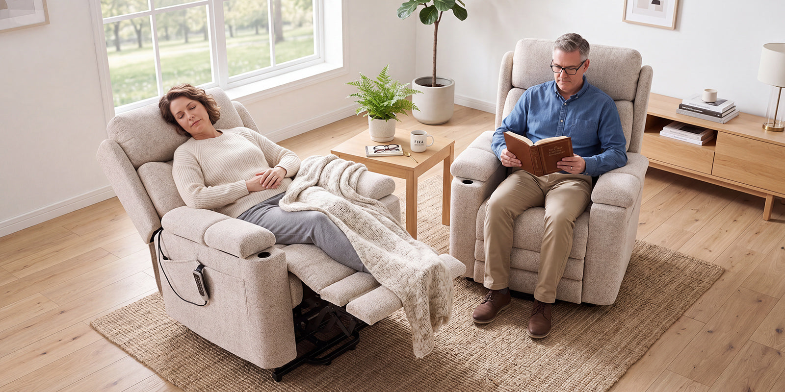 Couple relaxing in Dynox X5 five-motor zero-gravity power lift recliners in a New Jersey living room