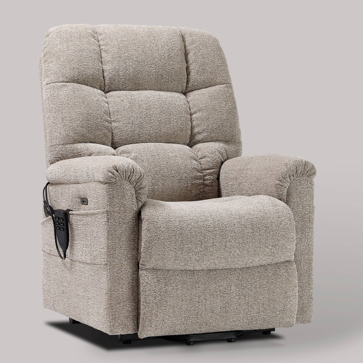 Dynox L3 power lift recliner angled view in oatmeal chenille, side pocket holding the all-in-one remote
