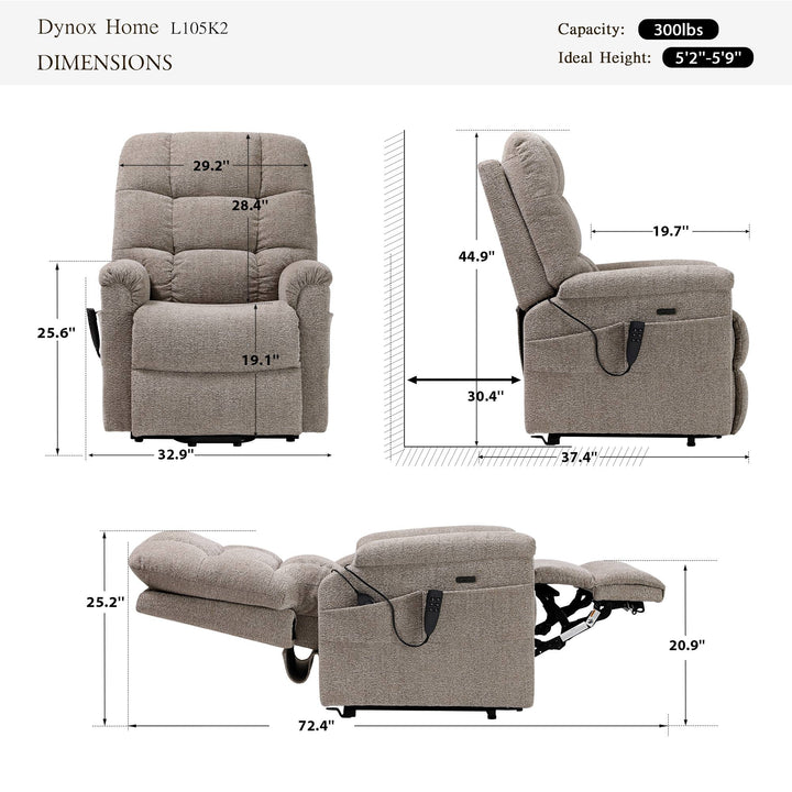 Dynox L3 lay-flat lift recliner dimensions — 300 lb capacity, ideal for heights 5'2"–5'9"