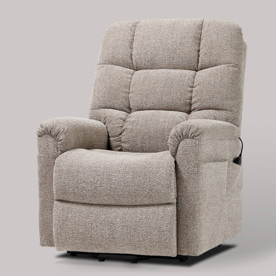 Dynox L3 3-motor lift recliner front view in oatmeal chenille with quilted backrest and adjustable headrest