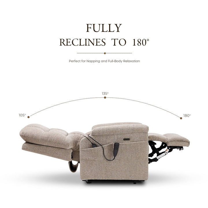 Dynox L3 lay-flat recline range — 105°, 135° and fully flat 180° sleeping position on a 3-motor lift recliner