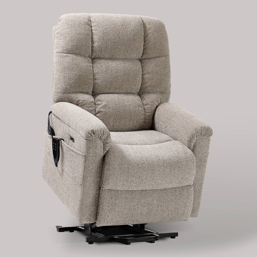 Dynox L3 3-motor power lift recliner in oatmeal chenille, three-quarter view upright · lays flat for sleeping · designed in New Jersey