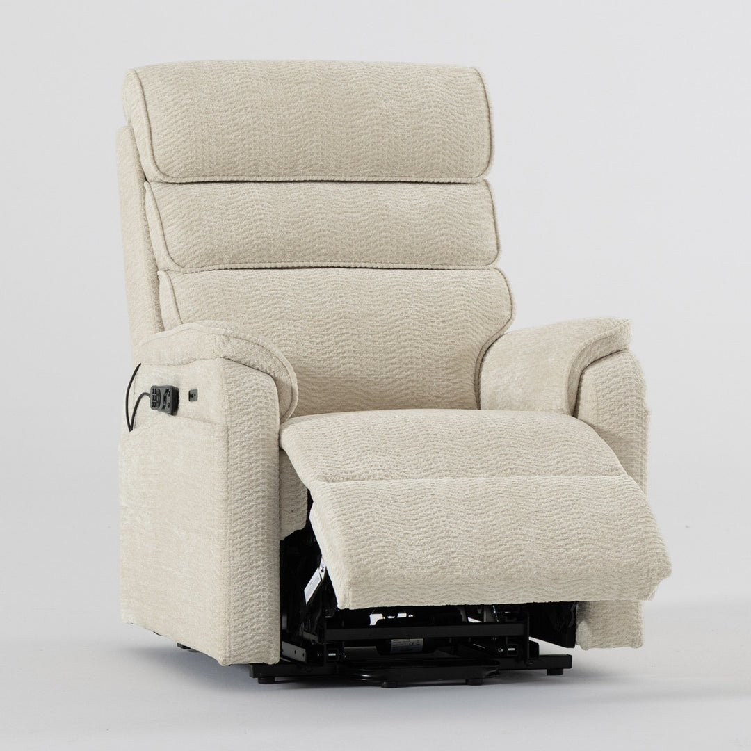 Dynox L3 power lift recliner in Ivory classic chenille, footrest extended with integrated hand control · Designed in New Jersey