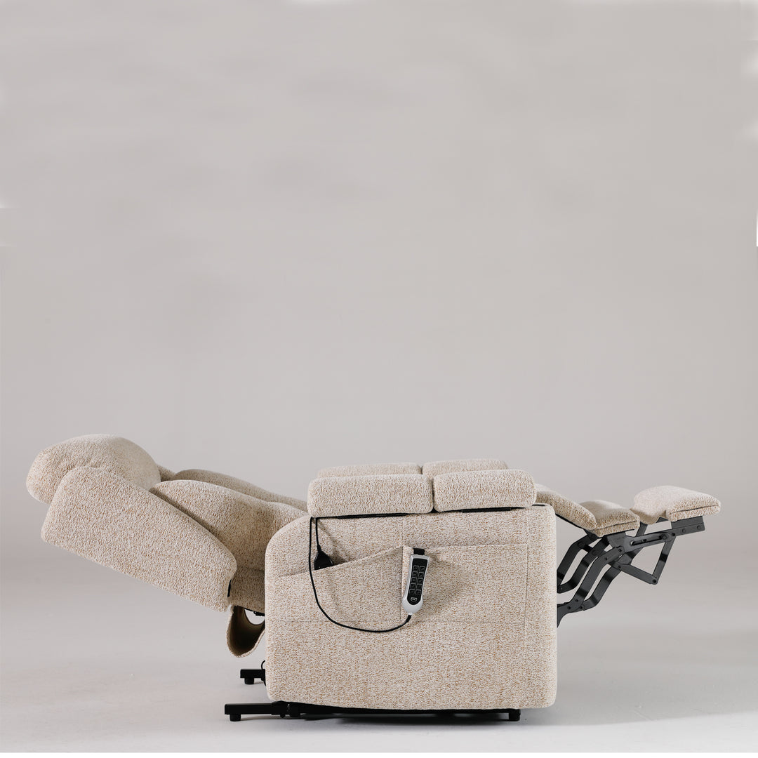 Dynox X5 in near lay-flat position, side view · five-motor reclining sequence · Designed in New Jersey