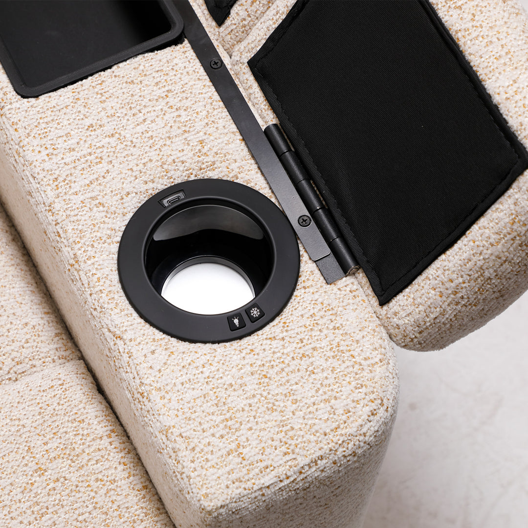 Dynox X5 cooling cup holder detail · armrest console accessory · 5-motor zero-gravity recliner · Designed in New Jersey