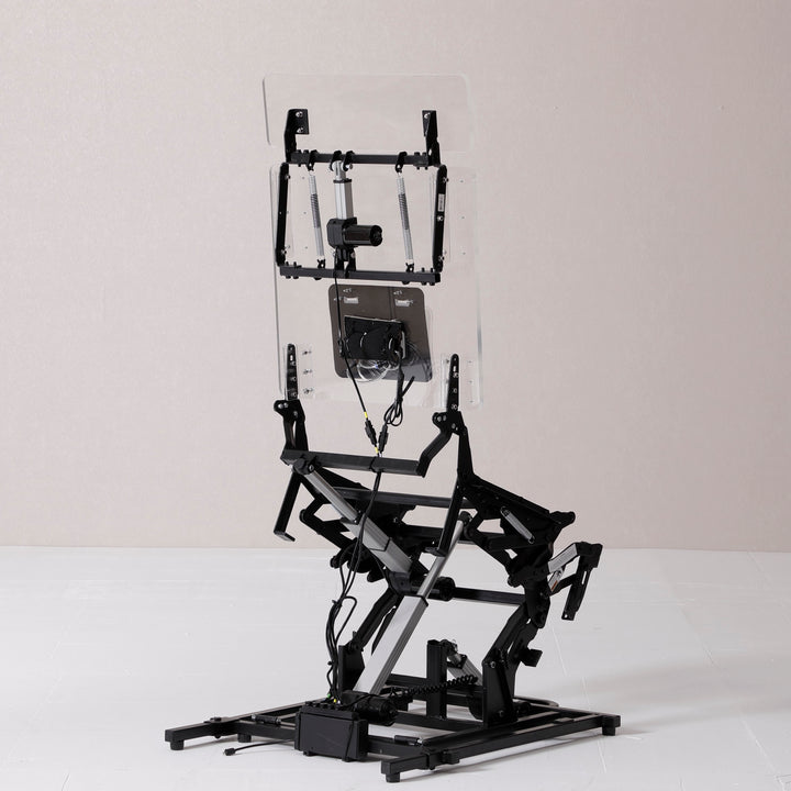 Dynox X5 transparent acrylic frame revealing the 5 independent motors and confident-stand mechanism · Designed in New Jersey