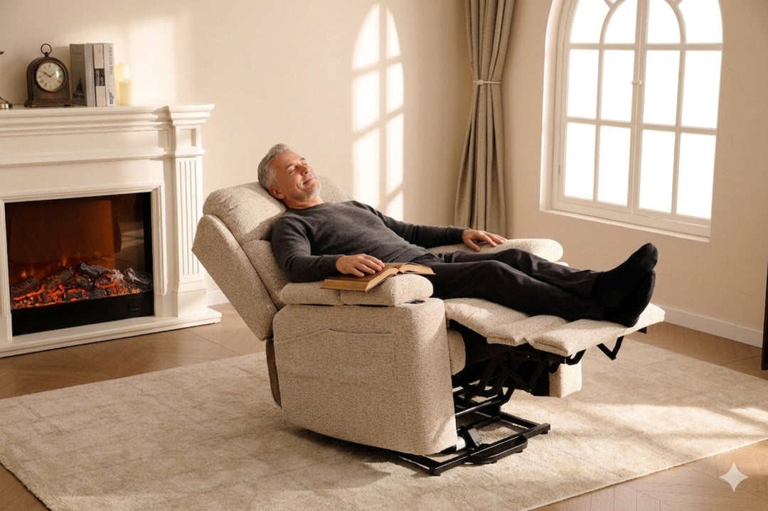 A man relaxes in zero-gravity position in a Dynox X5 power recliner with feet elevated on the extended footrest, eyes closed, an open book on his lap, in a sunlit modern living room · Designed in New Jersey