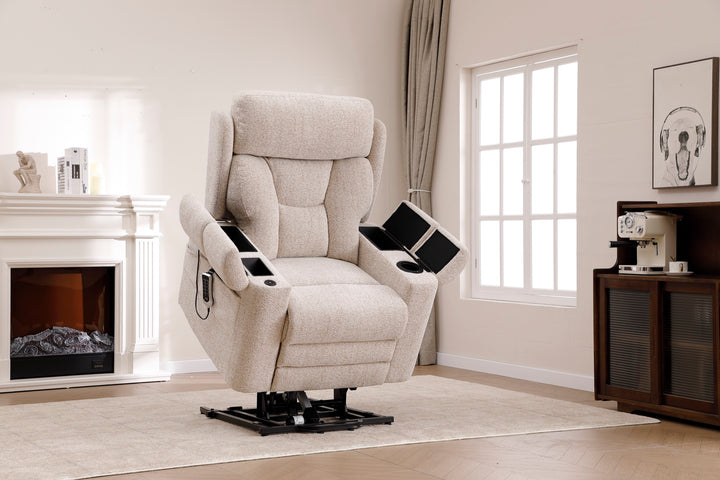 Dynox X5 power recliner with both armrest consoles open showing integrated cup holder and storage · 5-motor zero-gravity recliner · Designed in New Jersey