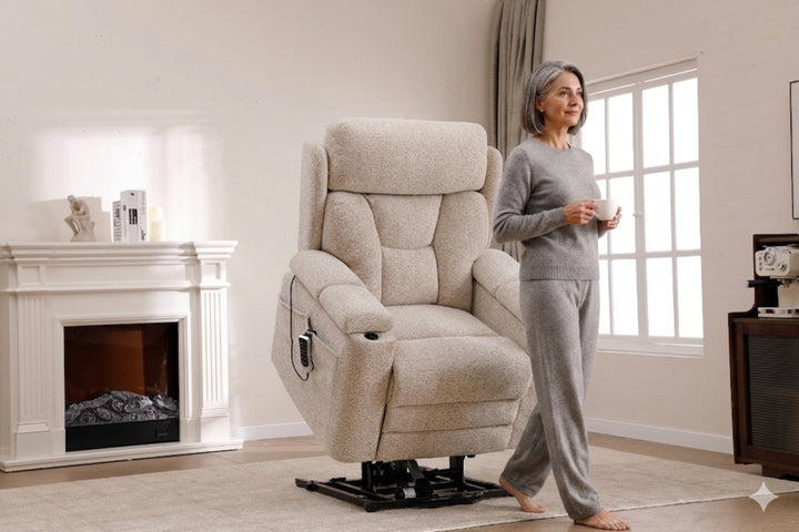 A woman steps forward from a Dynox X5 power recliner using confident-stand support, holding a coffee cup, gazing toward the warm window light in a modern living room · Designed in New Jersey