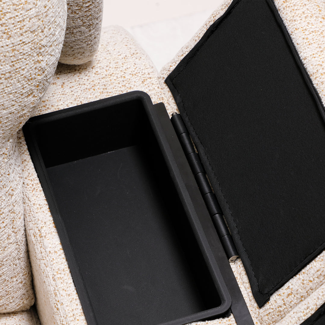 Dynox X5 armrest storage compartment open · hidden storage on a 5-motor power recliner · Designed in New Jersey