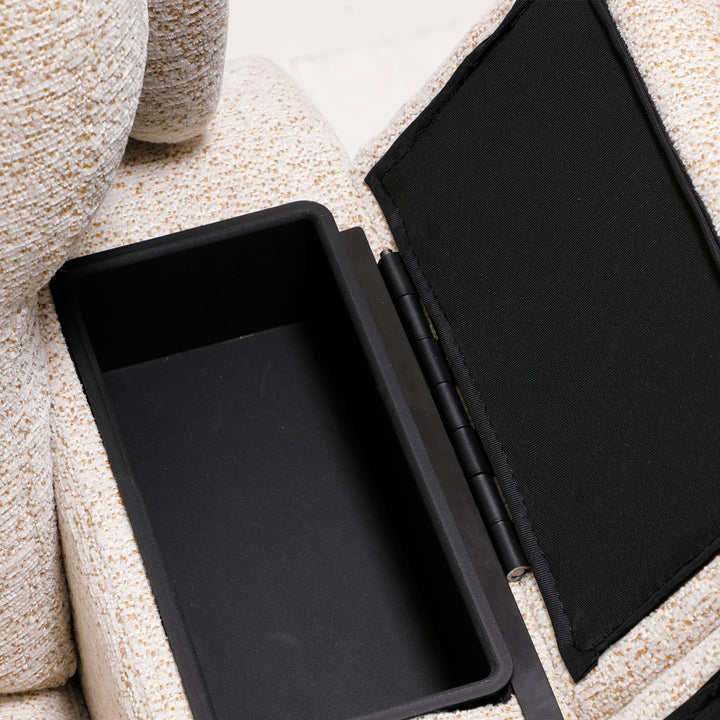 Dynox X5 armrest storage compartment open · hidden storage on a 5-motor power recliner · Designed in New Jersey