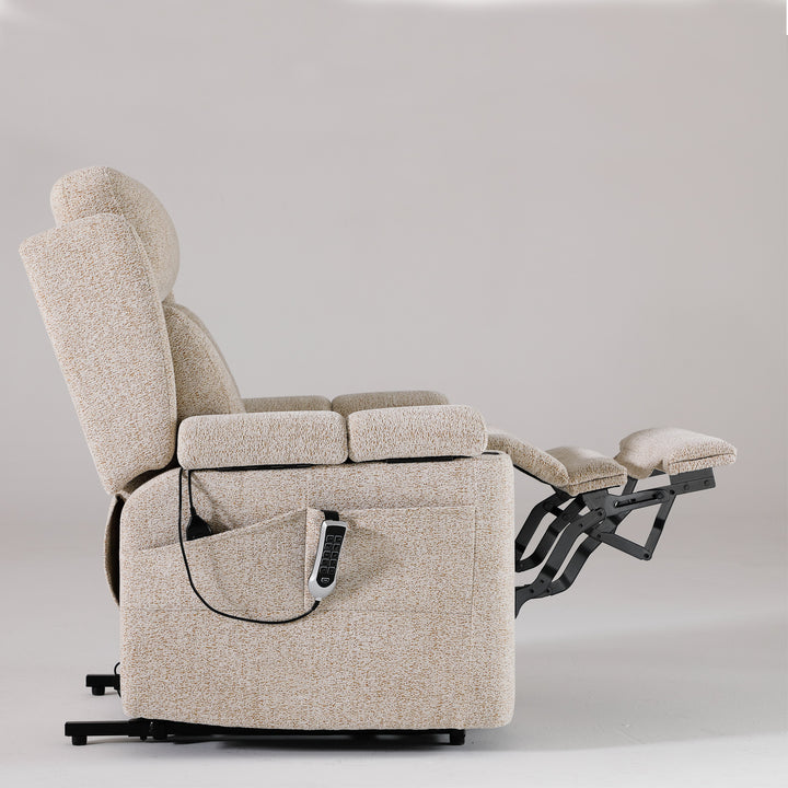 Dynox X5 side profile with extended footrest deployed · power lift recliner · Designed in New Jersey