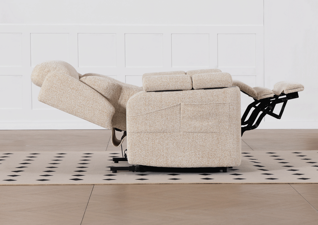 Dynox X5 power lift recliner reclining to zero-gravity with legs raised above the heart, side profile in Classic Chenille fabric